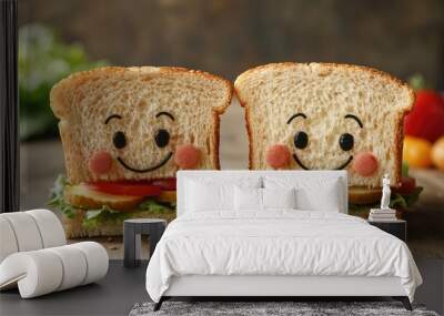 Creative close-up of a sandwich with faces of a girl and a boy, offering plenty of copy space for text or promotional content. Wall mural