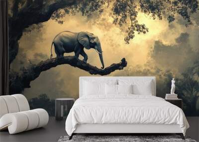 Enchanting illustration of a lonely elephant atop a tree branch, blending with a serene and mystical landscape Wall mural