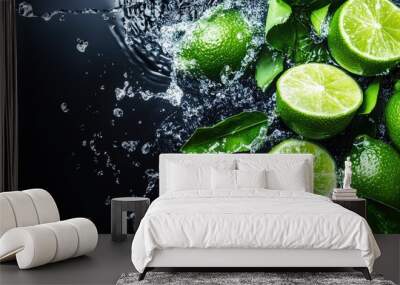 Freshly cut limes with splashes of water from above. Copy space on the left for text Wall mural