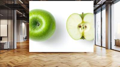 Green apple with half slice, isolated on white. Top view flat lay emphasizing freshness and rich green color  Wall mural