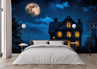 Haunted house silhouette with glowing windows and a full moon. Copy space available. Wall mural