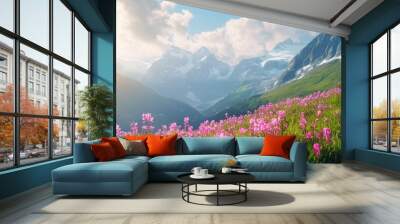 Idyllic mountain scenery in the Alps with blooming meadows in springtime. Ample copy space at the top Wall mural