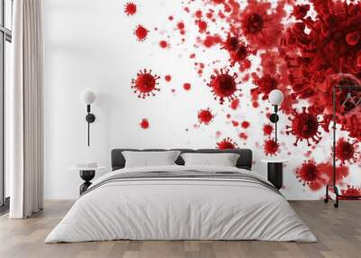 Red virus cells floating in the air on a white background, with space for copy. Wall mural