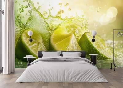 Refreshing close-up of lime juice splashing with lime wedges, highlighting the citrus burst and vibrant colors Wall mural