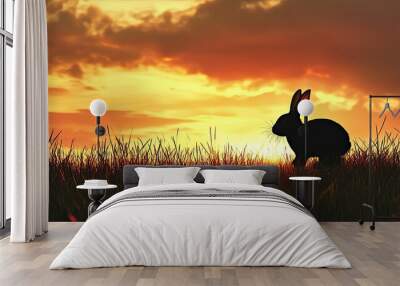 Silhouette of a rabbit hopping across a grassy field at sunset, with room for text in the sky. Wall mural