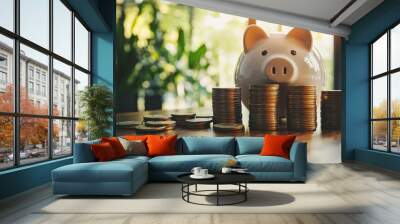 Stacked coins beside a piggy bank, symbolizing savings growth in India, with space for copy Wall mural