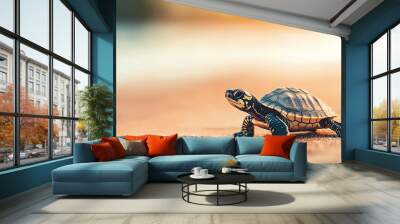 Tiny turtle crawling on a sandy beach, soft focus background with copy space. Wall mural