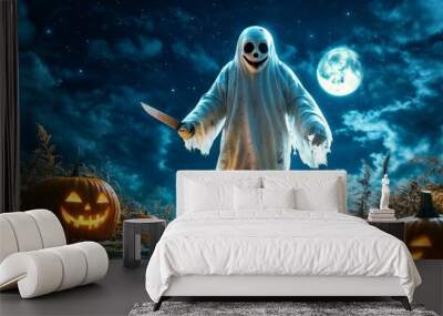 A scary ghost killer holding a knife walks on moonlight night scene with pumpkin. Spooky haunted Halloween background, Halloween illustration for banner and poster design. Wall mural