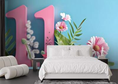 Elegant Floral Adornment of the Number Eleven on Vibrant Background Wall mural