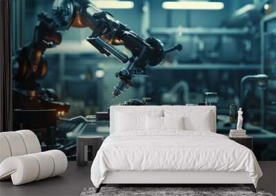 The excitement of robotics with an image of a robot arm assembling or manipulating objects in a laboratory or factory setting Wall mural