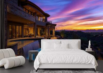 A beautiful house in the Arizona desert with a pool and waterfall, a purple sky at dusk, atmospheric lighting, the interior is a warm white color Wall mural