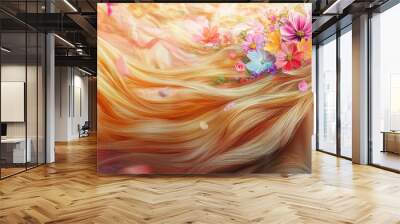 A beautiful woman with colorful flowers in her hair, her hair floating around her head, flowing in the wind. Wall mural