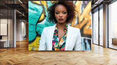 A confident woman in an elegant blazer and floral blouse stands against the backdrop of vibrant street art, her curly hair flowing gracefully as she poses for the camera with one hand on her hip Wall mural