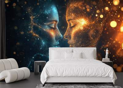 A digital art piece featuring two faces made of glowing particles, one male and the other female, set against an abstract background with bokeh lights Wall mural