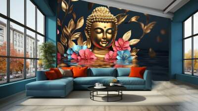 a gold Buddha face with colorful pink and blue flowers on a dark background, paper cut, with a golden texture, pink flower petals, and blue leaves. Wall mural