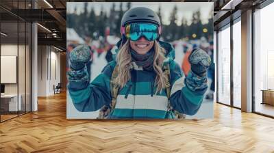 A happy woman in snowboard gear stands with her board at the ski resort, wearing fashionable and gloves, smiling while holding onto it. Wall mural