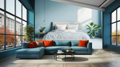 A minimalist bedroom with light blue walls, white wooden flooring, and a large bed in the center. Wall mural