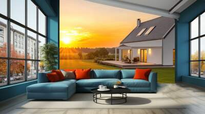 A modern, two-story house with white walls and a gray roof stands on the green lawn against the background of a sunset sky.  Wall mural