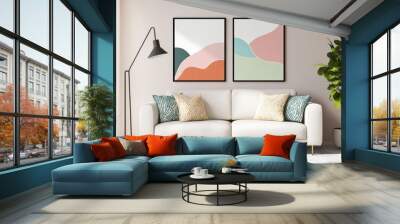 A simple yet elegant living room with a white sofa, brass legs, and a black metal base lamp, adorned with two abstract line art posters on the wall. Wall mural