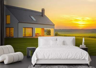 A small two-story house with panoramic windows, white walls, and a gray roof stands on the green lawn against the background of a sunset sky Wall mural