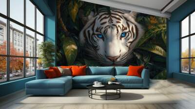 A white tiger with blue eyes in the jungle Wall mural