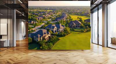 An aerial view of an upscale neighborhood in suburbs, with well-manicured lawns and neatly aligned houses Wall mural