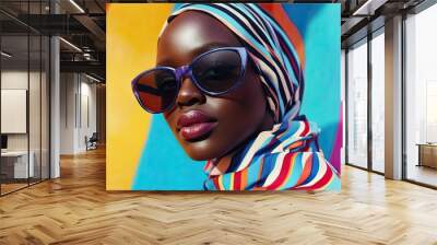 an African woman wearing vibrant stripes, sunglasses, and a head wrap, set against the backdrop of a colorful gradient background. Wall mural