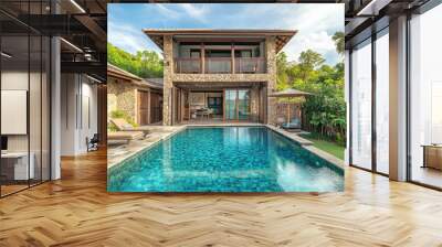 an elegant one-story villa with wooden accents, featuring a large pool and sun loungers on the deck in front. The exterior walls feature gray stone tiles, while inside is a spacious living room Wall mural