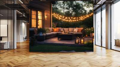 Beautiful garden patio with outdoor furniture and string lights at night, with a cozy living room in the background. Wall mural