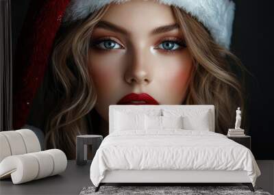 Beautiful woman with red lips and a Santa Claus hat on a dark background Wall mural