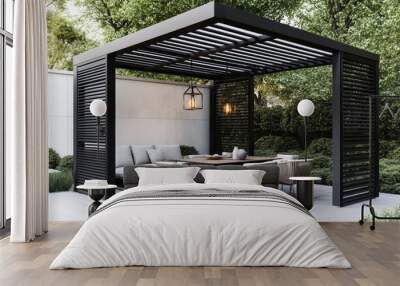 Black pergola with persimmon-colored slats, black outdoor table and chairs under the gazebo Wall mural