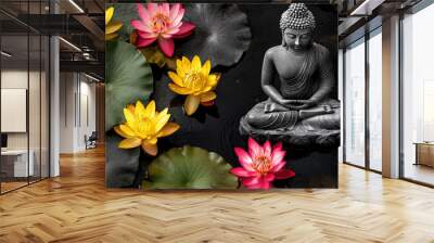 Buddha statue in colorful lotus flowers, black background, yellow and gray color scheme, dark green leaves Wall mural