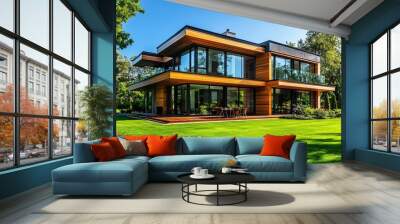 Modern two-story home with wood accents and large glass windows on the second floor, surrounded by lush green grass in front of it, located near trees and flowers under a clear blue sky Wall mural