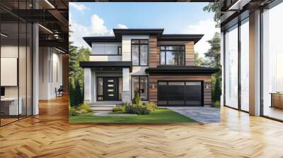 Modern two-story house design with a square shape, white walls, and wood accents, large windows for natural light, a spacious exterior with concrete or wooden facades Wall mural