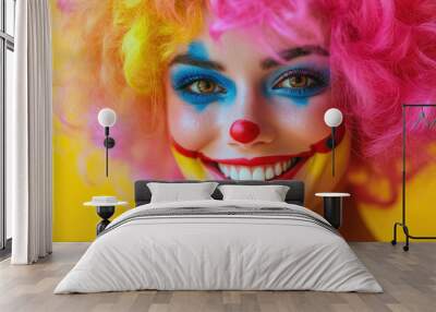 Portrait of a smiling young woman dressed as a clown, with pink hair and colorful makeup, in a studio shot against a light blue background Wall mural