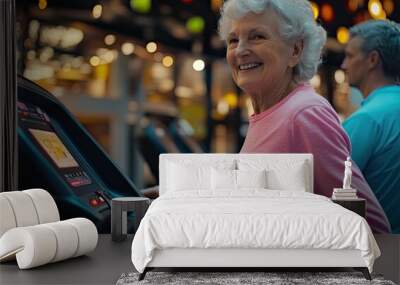 Smiling senior woman working out in a gym, wearing a pink top and a white towel around her neck. Wall mural