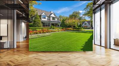 the front yard, featuring lush green grass and neatly trimmed hedges around an elegant house with large windows Wall mural