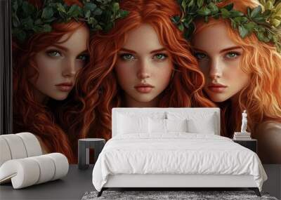 Three beautiful red-haired women with long, curly hair, green eyes, and ivy wreaths on their heads, wearing green Wall mural