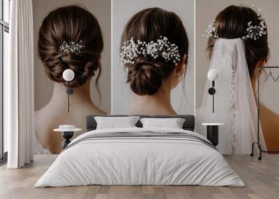 Three different wedding hairstyles for women, each showcasing their unique style and beauty Wall mural