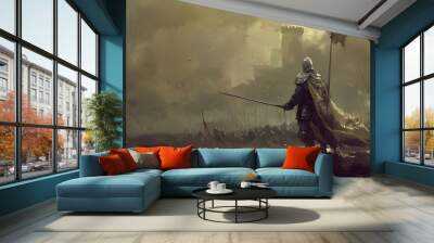 Knight armed with spear or sword in the background of the battlefield Wall mural