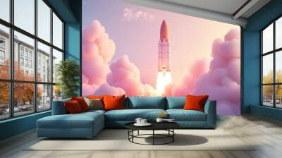 3D render of the technology development journey leading up to a space rocket launch, representing the successful introduction of a new product or service Wall mural