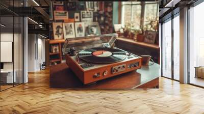 A classic record player with an album spinning, surrounded by vintage posters and memorabilia Wall mural