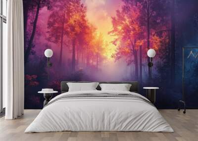 A dark, fog-covered forest bathed in enchanting, vibrant colors that pierce through the mist Wall mural