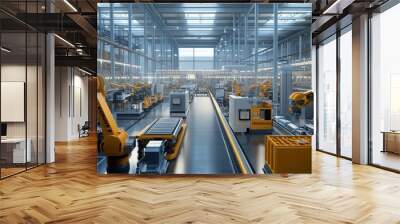 A factory floor buzzes with activity as workers and machines collaborate to meet production targets. Wall mural