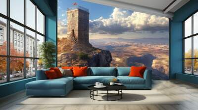 A historical observation tower built on a rocky outcrop, offering breathtaking views of a vast and open landscape Wall mural