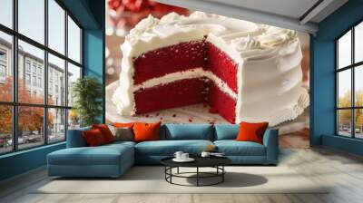 A moist red velvet cake with a smooth cream cheese frosting, cut open to reveal its vibrant, rich interior Wall mural