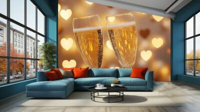 A pair of champagne glasses filled with golden bubbles shines against a heart-patterned background, surrounded by bokeh lights that evoke a warm Valentine's celebration Wall mural