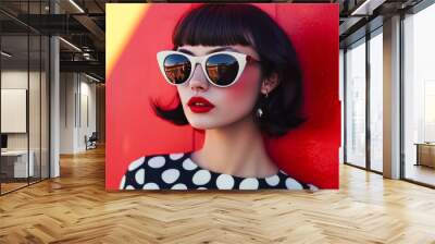 A pair of retro sunglasses and a polka dot dress, capturing the playful fashion of the 1960s Wall mural