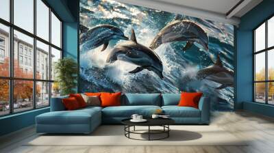 A playful group of dolphins leaping through the waves of the ocean, their sleek bodies glistening as they perform acrobatic maneuvers in the water. Wall mural