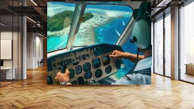 A seaplane pilot conducts aerial tours of tropical paradises, showcasing panoramic views of coral atolls and emerald isles. Wall mural